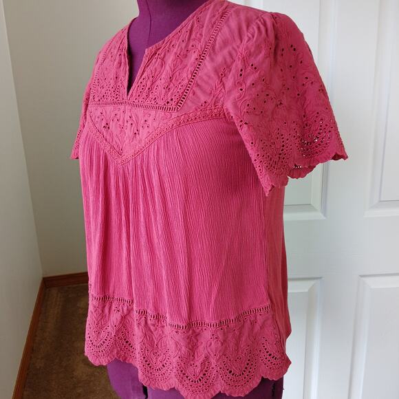 Knox Rose Red Eyelet Peasant Blouse M boho lace short sleeve swing cottagecore - Picture 1 of 11